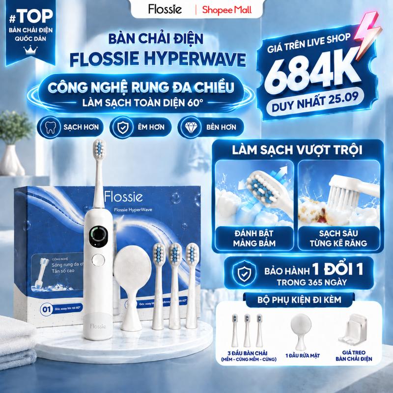 Bàn Chải Điện Flossie HyperWave Công Nghệ Rung Xoay Đa Chiều 9 Chế Độ Làm Sạch Outlet S2 LIS