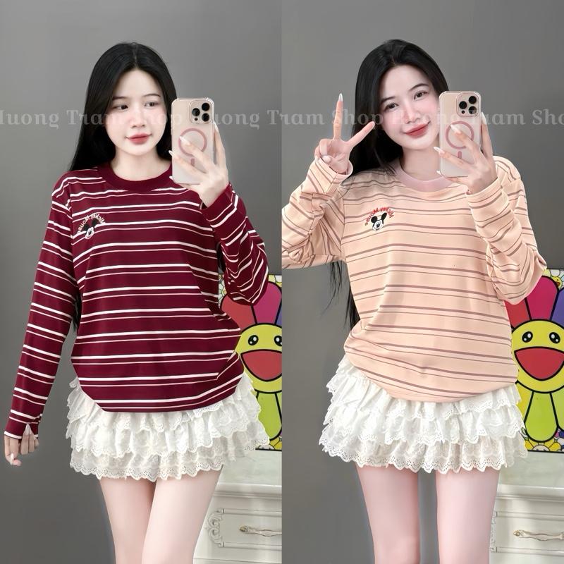   Deal sale  ÁO DÀI TAY SỌC ĐÔI THÊU MẶT MIKI  35-60kg  - Áo thun dài tay nữ thu đông form rộng vừa  chất cotton borip co giãn mềm mịn  Hương Trầm Shop 