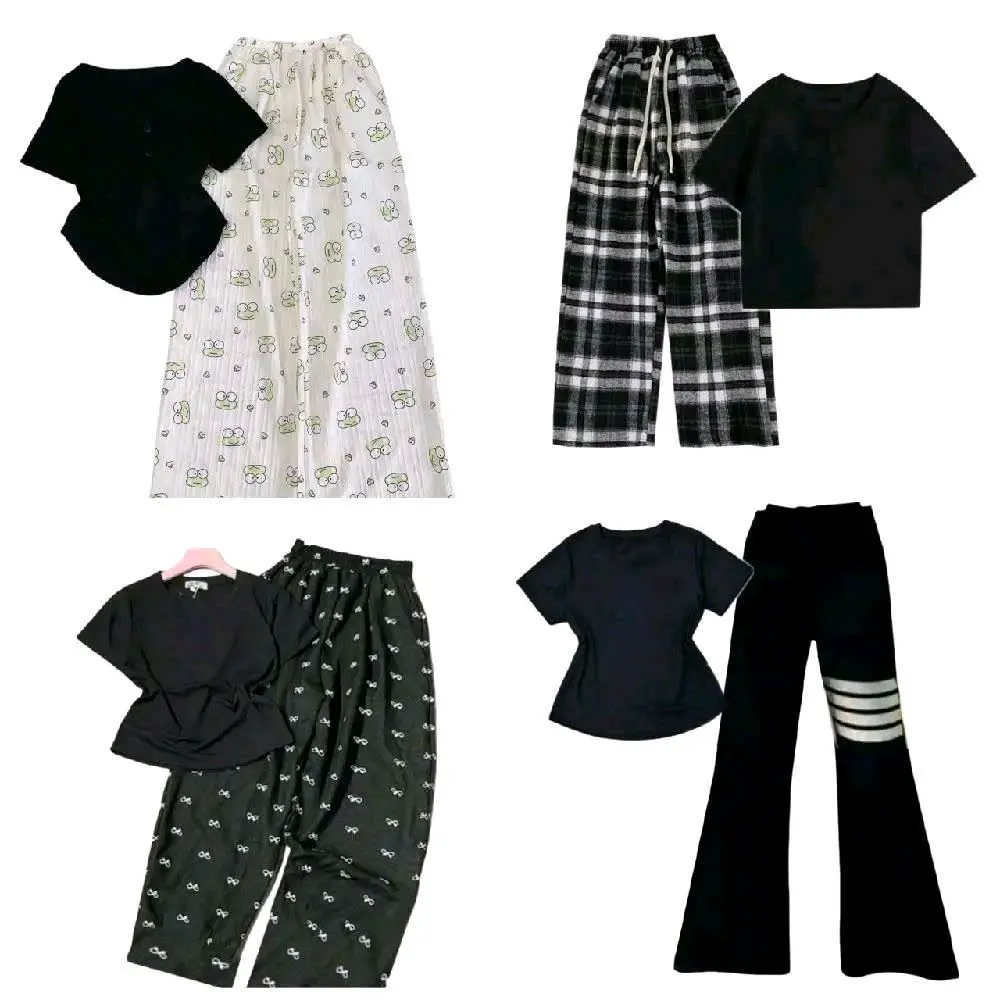 Tổng hợp set bộ đồ quần ống rộng + kèm áo thun tăm  croptop dáng ngắn trơn cộc tay Nữ Cotton top
