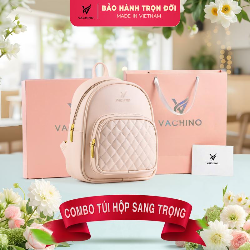 COMBO Hộp quà Balo da nữ thời trang VACHINO-BG012 + Hộp + Túi Giấy + Túi rút đựng sản phẩm + Thiệp viết lời chúc