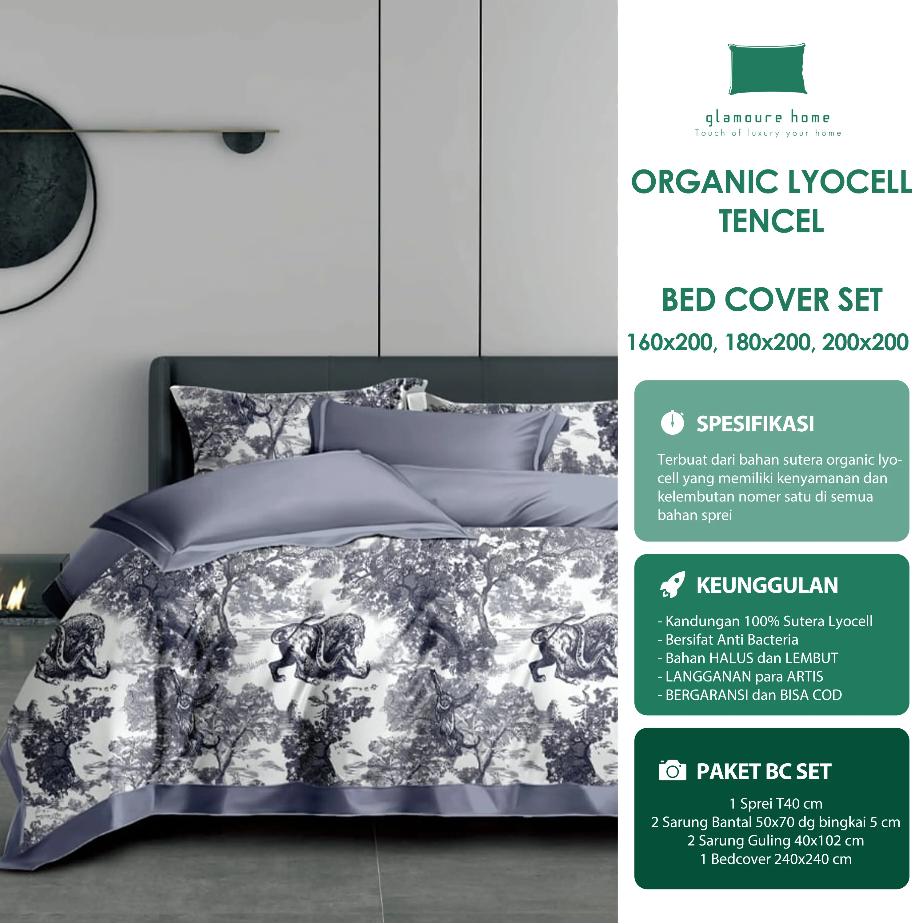 [KOLEKSI MEI] Bedcover set (Sprei Set + Bed Cover) Bahan Kain Sutera Organic Lyocell Bamboo Tencel Anti Bacteria sudah termasuk 2 Sarung Bantal 2 Sarung Guling Semua Ukuran (160x200, 180x200, 200x200)