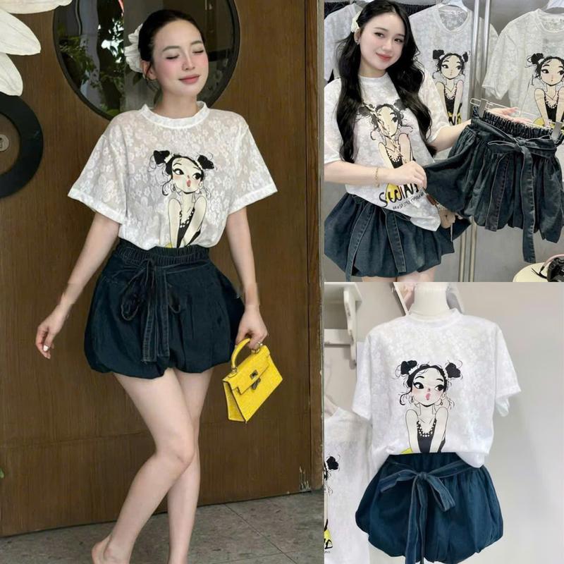 [Tặng Áo 2 Dây] Set Áo Thun Ren Hoa In Hình Cô Gái Mix Chân Váy Jean Dáng Bí Phồng Có Dây Buộc Nơ Cạp Chun Co Giãn Dễ Mặc Dễ Mix By TH