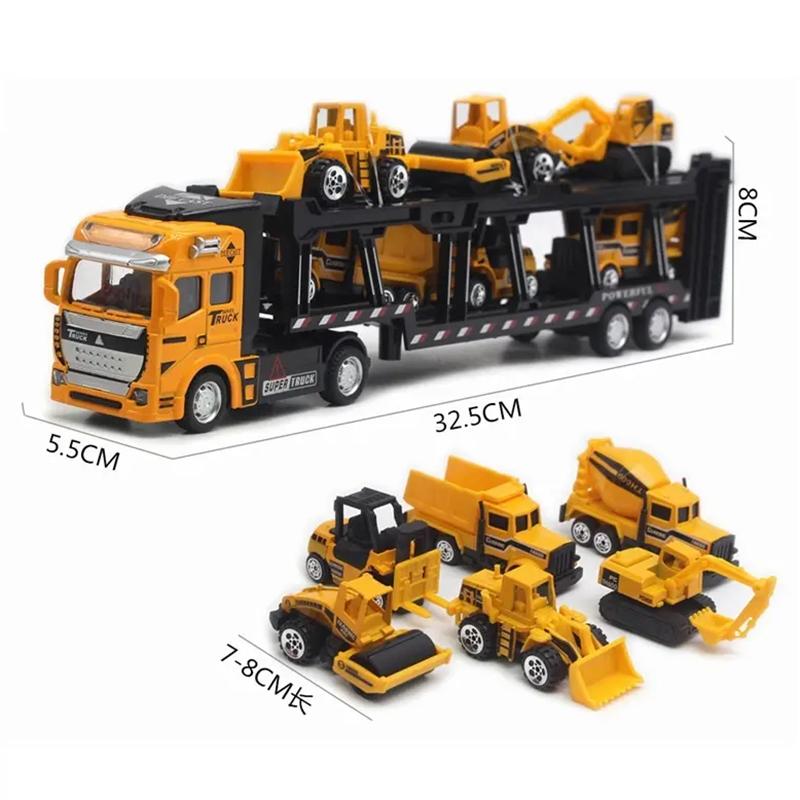 Product Introduction of 6 IN 1 Pull Back Paduan Kendaraan Truk Container Pengangkut diecast metal car trucks Mobil Mainan Mobilan Bulldozer Toys 52