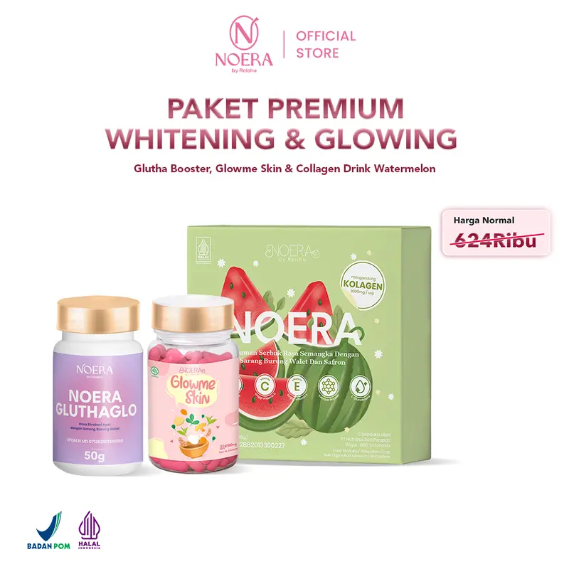Noera Paket Premium Whitening Glowing l Noera Collagen Drink + Noera Glow Me Skin + Noera Glutha Booster Improved Formula 2