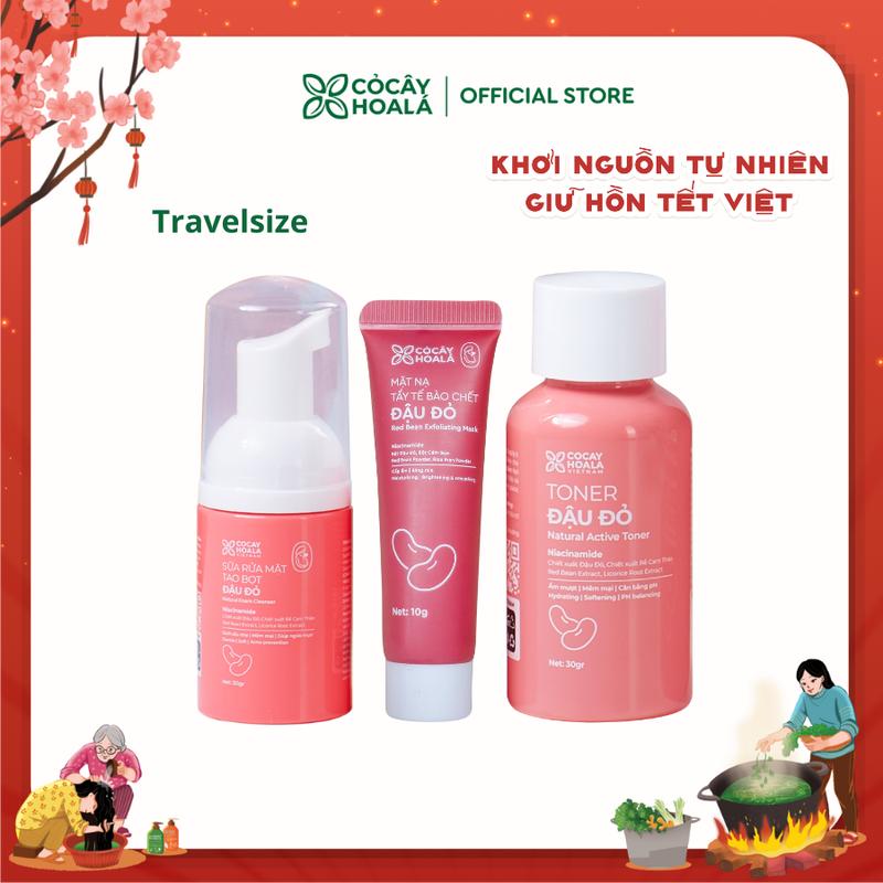   TRAVELSIZE  Combo Chăm Da Minisize Thảo Dược Cỏ Cây Hoa Lá: Sữa Rửa Mặt Đậu Đỏ 30g Mặt Nạ Tẩy Da Chết Đậu Đỏ 2in1 10g Toner Đậu Đỏ 30g - Làm sạch Dưỡng Da Hỗ Trợ Cấp Ẩm Hỗ Trợ Tẩy Da Chết Skincare 