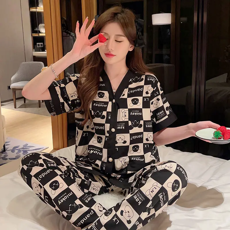 Piyama Wanita Dewasa Model Kancing Depan Mewah Lengan Pendek Celana Panjang Import High Quality Sleepwear 6
