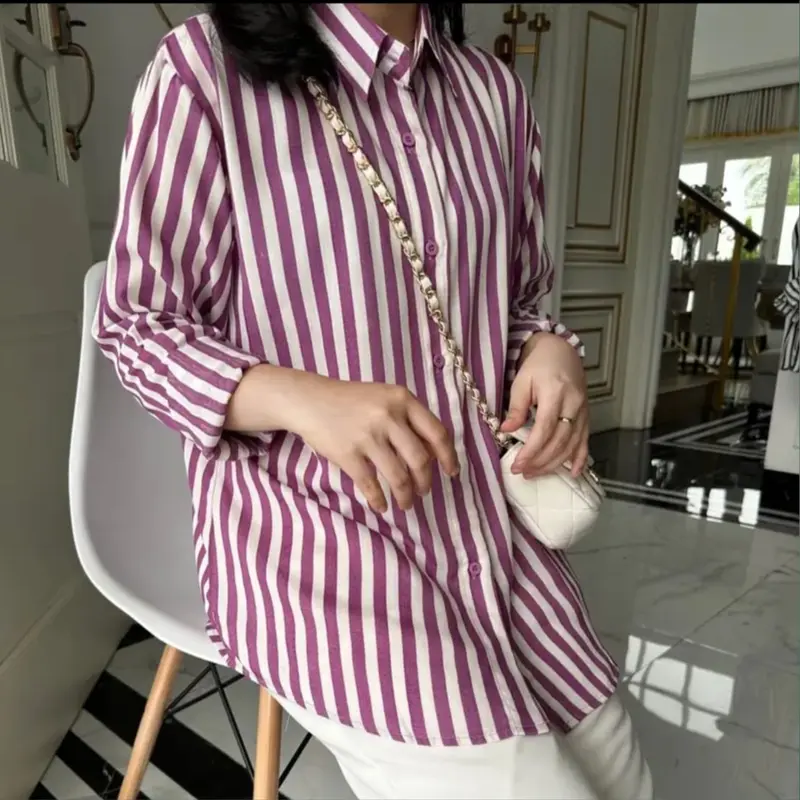 Kemeja Wanita Salur Stripe Polyrayon Size M-L-XL-XXL Atasan Kemeja Lengan Panjang 2