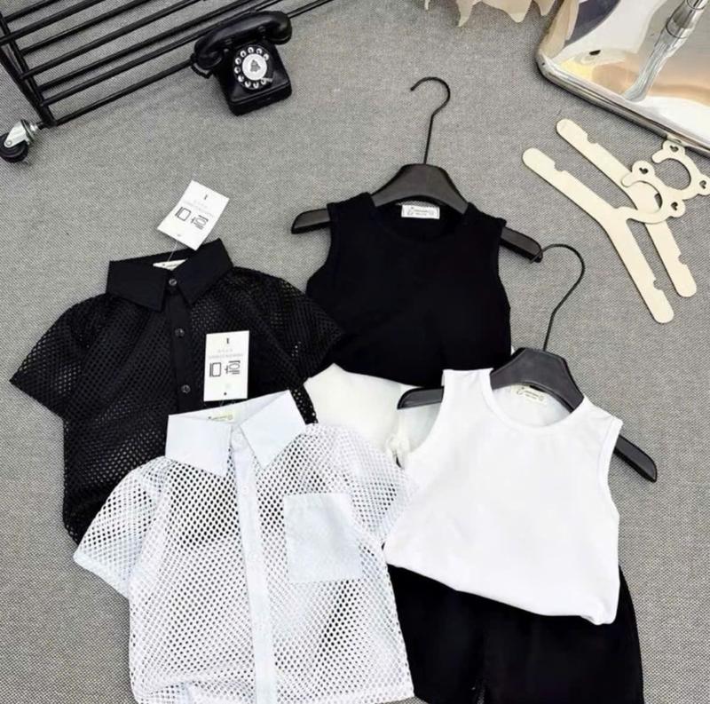 (Tặng kính) Bộ quần áo lưới 3 chi tiết gồm áo ba lỗ áo sơ mi lưới và quần thô mềm cho bé trai 8-18kg