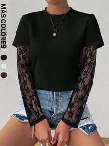 Camiseta de mujer de color sólido con cuello redondo y mangas largas de encaje transparente, para otoño