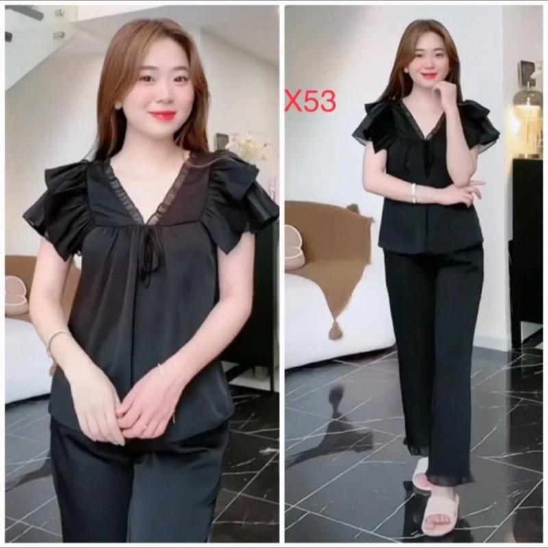 (Size 37kg-68kg) Set bộ nữ tay xếp bèo nhiều tầng , cổ tim phối dây, quần áo đồ bộ quần dài hè, thu lụa latin hàn mềm mịn Women Áo Top Voi