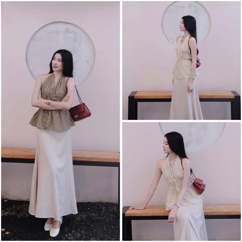 Sét đồ nữ 2 món áo cổ yếm phối chân váy dáng dài phom chữ A duyên dáng thích hợp mặc đi chơi đi tiệc