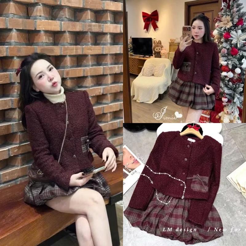    Hàng 2 Lớp   Set Áo Dạ Lông Túi Kẻ Phối Chân Váy Bí Bồng Caro Xoè Đỏ Sang Chảnh Tôn Dáng by Hp 