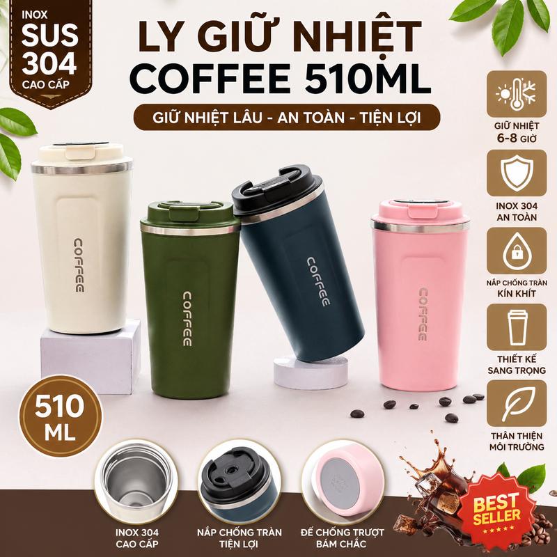 Bình Giữ Nhiệt Coffee Nắp Chống Đổ, Ly Giữ Nhiệt Bằng Inox Không Gỉ Cao Cấp 510ml - HUB ONEE
