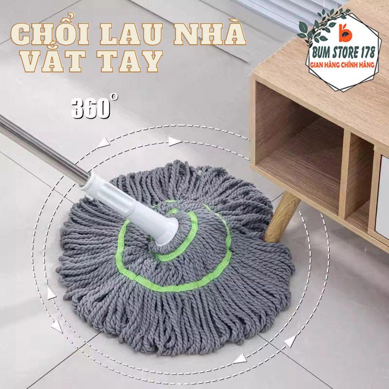 Chổi Lau Nhà Vắt Tay Dài 105cm Sơi Bông Mềm Mịn Thân Inox, Cây Lau Nhà Vắt Tay Lau Khô Vệ Sinh Nhanh