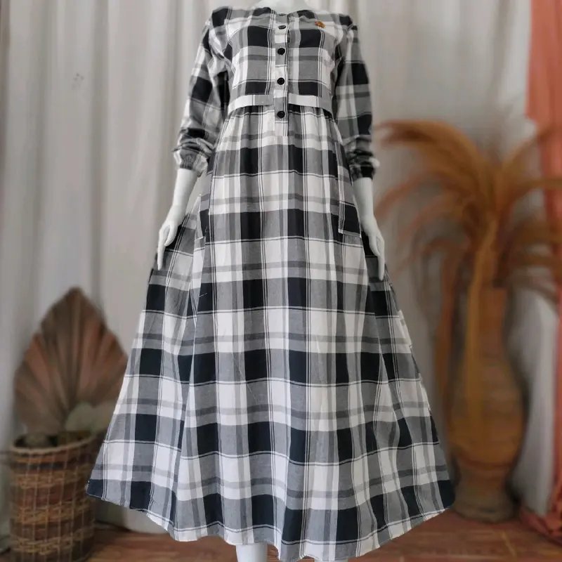 Gamis Triset katun haruka premium terbaru motif kotak elagand simple nyaman di pake halus lembut menyerap keringat bisa COD Kancing 4