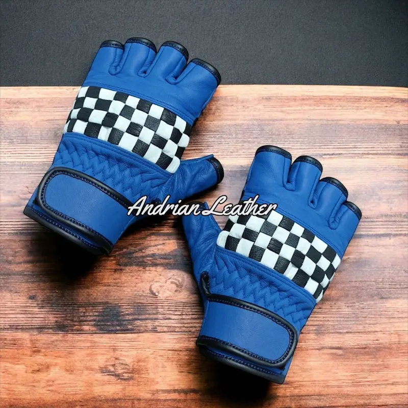 Sarung Tangan Motor Checkerboard Kulit Asli Retro klasik Pendek Setengah Jari Corak Catur warna untuk pria wanita 8