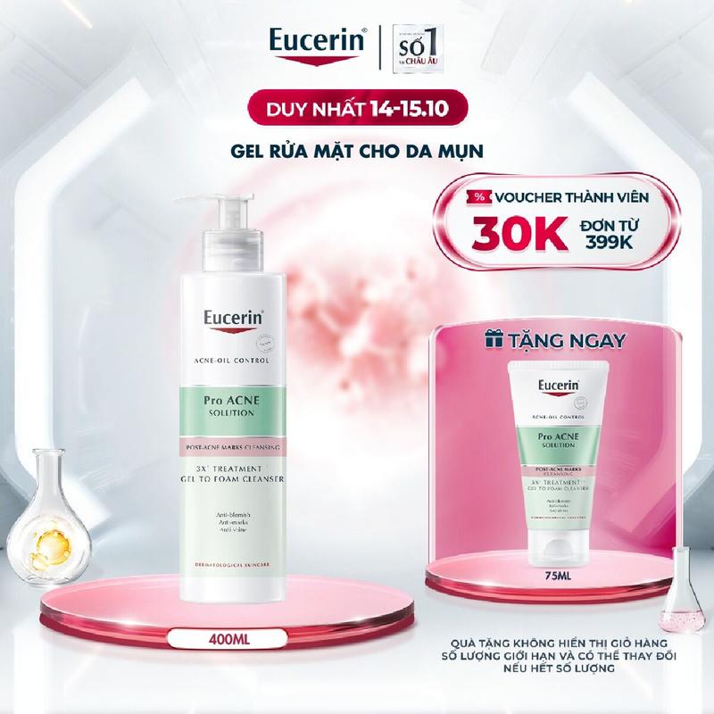 Gel rửa mặt cho da mụn Eucerin 3X Treatment Gel To Foam Cleanser 400ml
