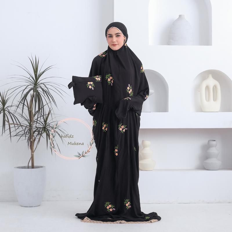 Hafidzmukena - Mukena Terusan Dewasa Bordir Aurel Rayon Premium Muslim Katun Mukenah Wanita Cantik Hitam Putih Panjang Renda Mewah musim semi rayon ashgrey Umroh muken  abordir 6