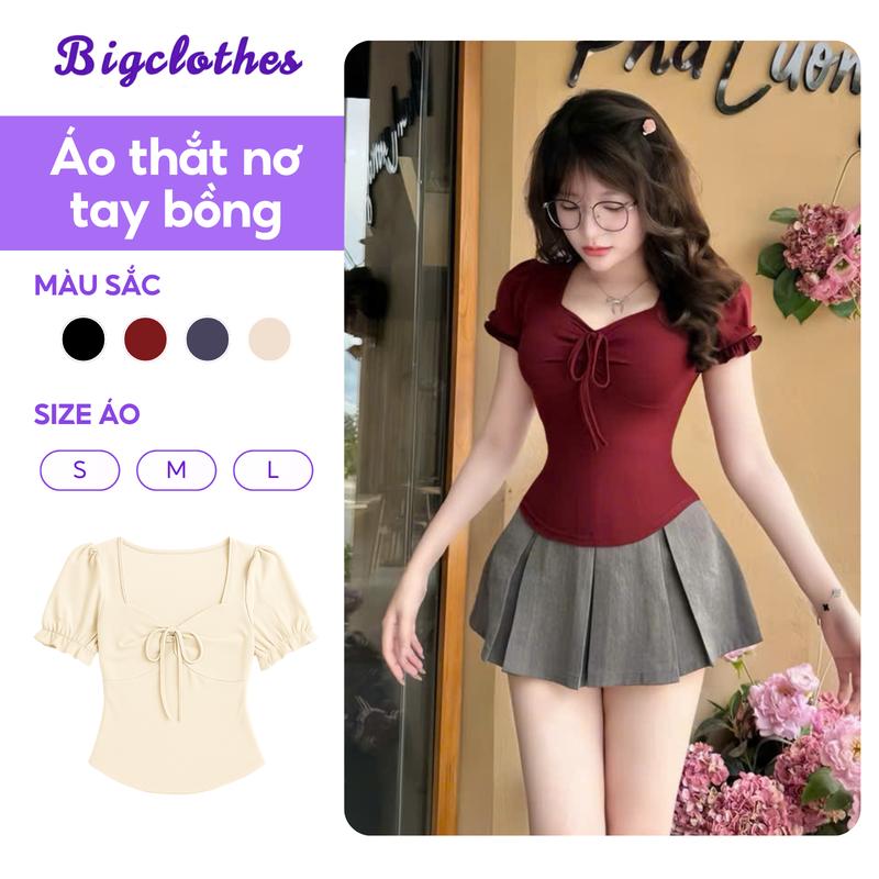 Áo Thun Nữ Cổ Vuông Thắt Nơ BigClothes, Áo Thun Nữ Tay Bồng Thắt Eo Ôm Dáng B09
