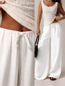 Pantalones de lino para mujer de moda, pierna ancha, cintura con cordón, ajuste holgado, perfectos para el verano y uso diario, estilo callejero, pierna recta