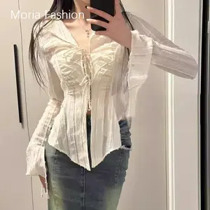 Moria XF032 Atasan Sifon Gaya Baru Kemeja Putih Gadis Seksi Temperamen Kemeja Lengan Panjang Hitam Antik Baju Crop Top T-shirt Aprikot Wanita Musim Dan Musim Gugur Ramping Atasan Desain Tidak Beraturan Kerah Lonceng Kerah Gaya