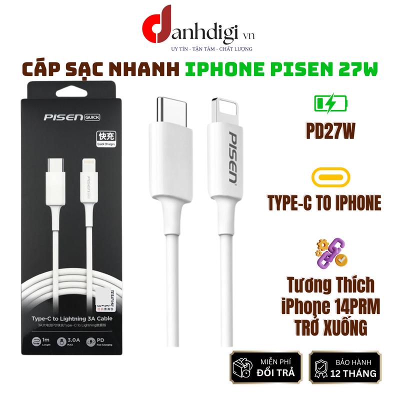 Cáp sạc nhanh iPhone Pisen 27 - 3A Type-C to lightning cho iPhone 14promax,14pro,14,13promax,13,13pro,12promax,12pro,12,11promax,11pro,11,xr,xs,xsm,x,8plus,8 cốc sactocdo