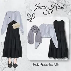 Jennie Hijab Set 3in1 Sweater-Pashmina-Inner Ruflle Korean Style Outfit Selebgram Kekinian BC51