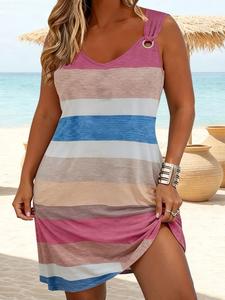 Vestido de verano para mujer, elegante, sin mangas, cuello en V, corte holgado, talla grande, estampado étnico, estilo casual, cintura natural