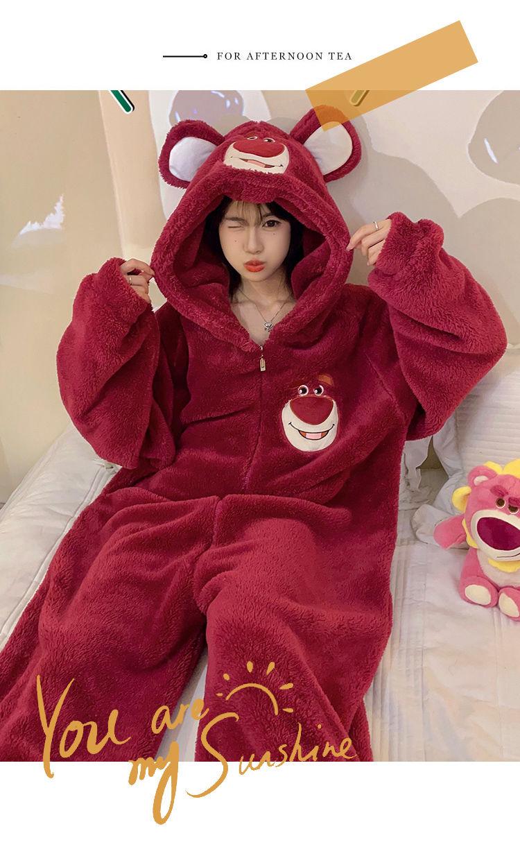 Product Introduction of Strawberry Bear One-Piece Coral Velvet Pajamas Female Stylish Simple and Versatile Flannel Cute Cartoon Student Can Be Outerwear Homewear 9