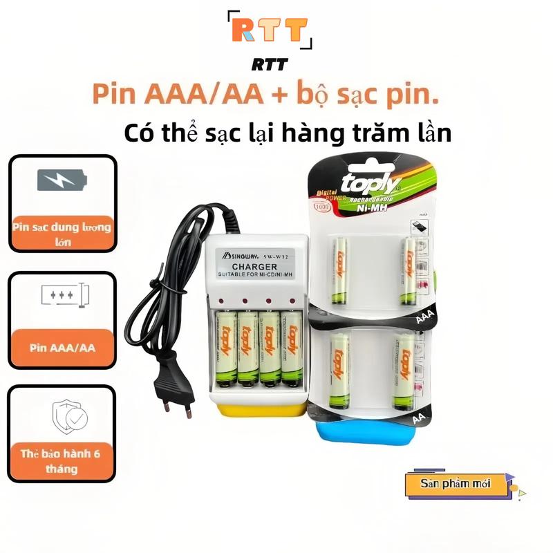 Bộ sạc pin Bao gồm 1 đế sạc với 4 pin AA hoặc AAA Pin (đèn báo luôn màu đỏ) phù hợp với điều khiển TV, đồ chơi, micro, v.v.