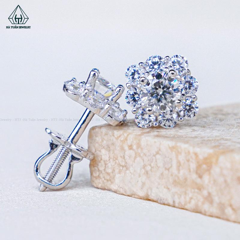 Bông Tai Bạc 925 Xi Kim Viên Chủ Moissanite 4.5mm EX475 Hà Tuấn Jewelry