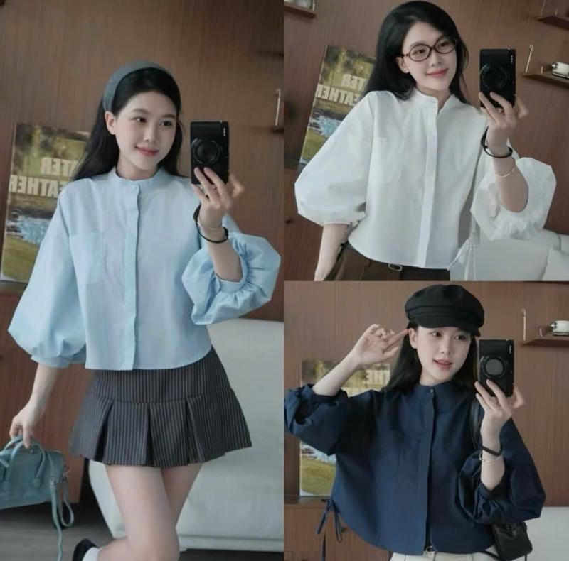  Áo sơ mi nữ A.789 Áo sơ mi cổ tròn dáng croptop tay bồng lửng phối nơ eo túi ngực basic dễ phối đồ - Shop Chấm Bi 