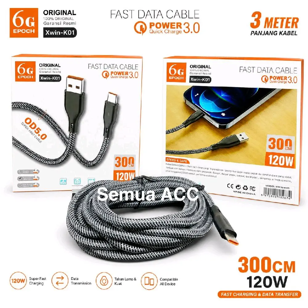 Kabel Data 3 Meter 120W 6A Micro USB - Type C Fast Charging Cable 300Cm Fast Data Pengisi Panjang