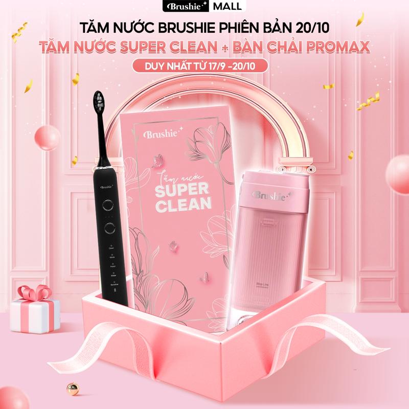 [OFFICIAL] Combo Bàn chải điện Brushie Pro Max tích hợp đầu rửa mặt hỗ trợ làm sạch hiệu quả và Tăm nước mini Brushie SuperClean nhỏ gọn hỗ trợ làm sạch hiệu quả với 17 chế độ chuyên biệt-  Tặng 2 túi canvas + 2 kem đánh răng + 4 sticker VN