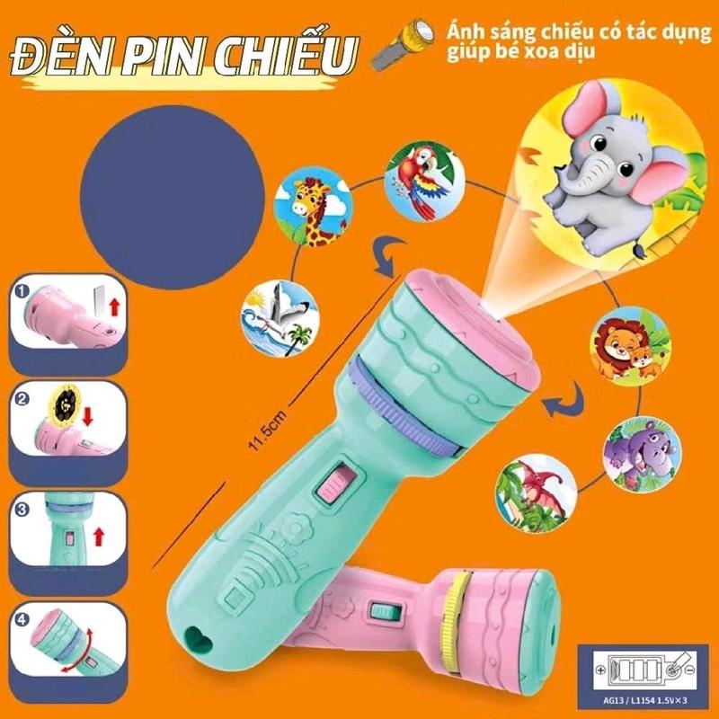  Đèn Pin Chiếu 80 Hình Động Vật và Hoạt Hình Cho Bé giúp bé nhận dạng hình ảnh các con vật,đồ vật 
