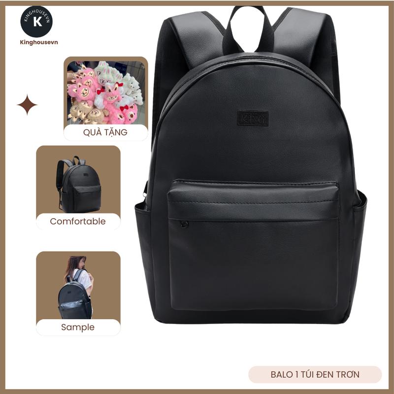 Balo Da Unisex Chống Nước Balo Backpack Trơn King thêu 1 - Màu Đen Đeo Vai - TẶNG KÈM MÓC KHÓA GẤU BÔNG