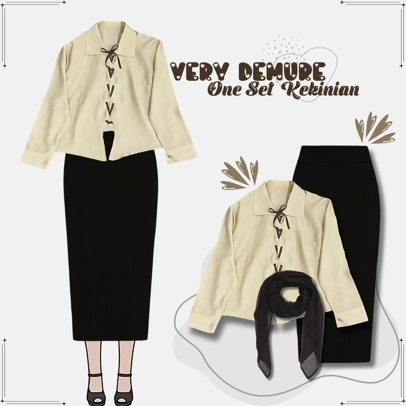One Set Wanita Kekinian Terbaru Ribbon Blouse Hits + Rok Span Hitam + Jilbab Bella Square |RD077| 1