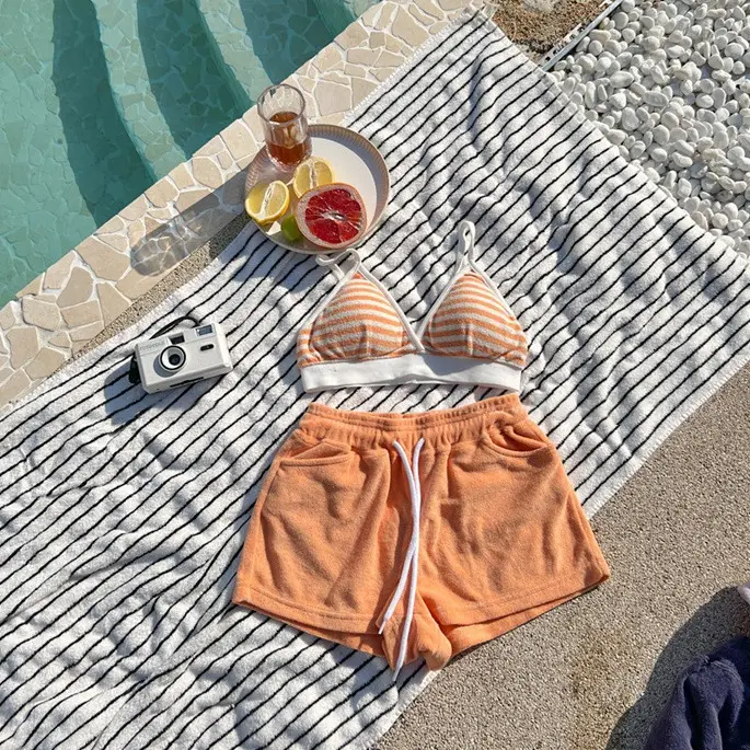 Bikini Swimsuit Beachwear Set Baju Renang Two Piece Wanita Bahan Handuk Stripe Orange Biru Bikini Santai 0