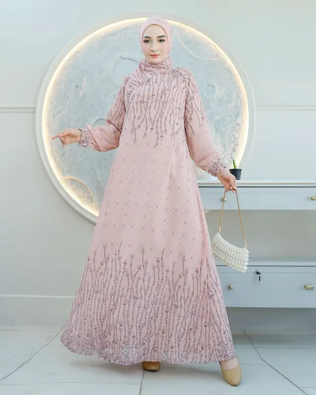Gamis Set Hijab Motif Cuci Gudang Promosi Wanita Muslim Nyaman Dress Dewasa Lebaran 4