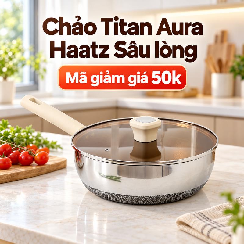Chảo siêu chống dính titanium Aura haatz sâu lòng inox 316 đáy 7 lớp siêu dày
