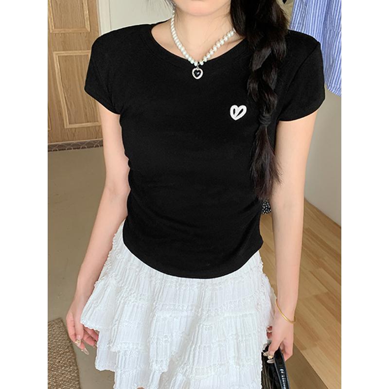 Kaus pendek leher bulat bordir cinta putih atasan seksi fashion wanita gaya Korea Baju Jersey 8