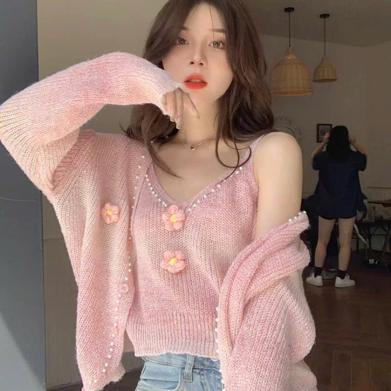 (HÀNG QC) (KÈM ÁO 2 DÂY) Set Áo len kiểu nữ AL673 họa tiết đính hoa dài tay form rộng tiểu thư thu đông Hàn Quốc Kozoda