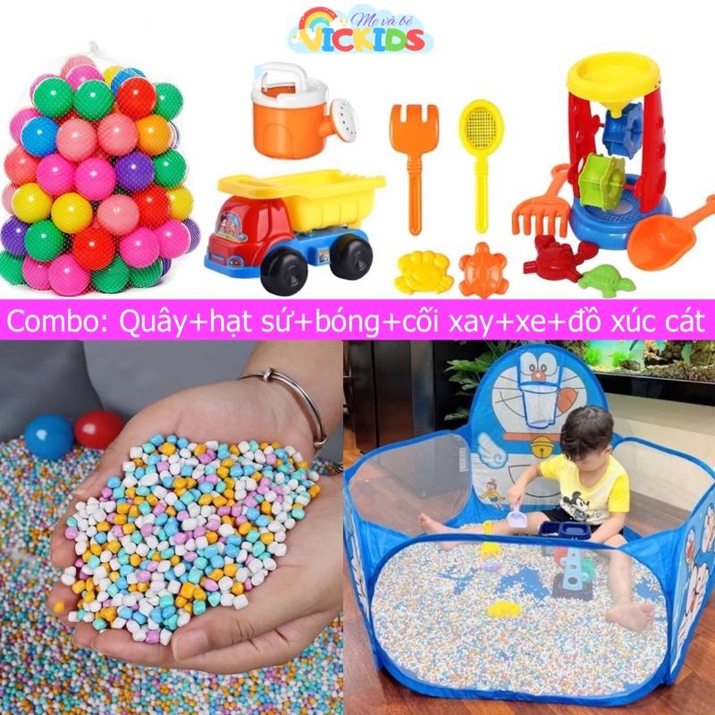Combo Đồ Chơi Xúc Cát Khu Vui Chơi Trong Nhà Cho Bé Gồm: Hạt Sứ, Banh Nhựa, Quây Bóng Rổ 1m2, Guồng Quay Cát Và Đồ Múc, Bộ Xe Ben Kèm Xúc Cào