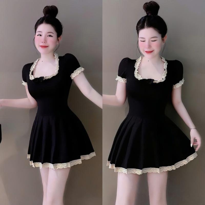 Đầm váy nữ mango phối viền bèo cổ vuông đính nơ tay phồng from váy ngắn xòe [có lót] tôn dáng sang chảnh xinh xắn cho các nàng đi chơi đi tiệc,women top