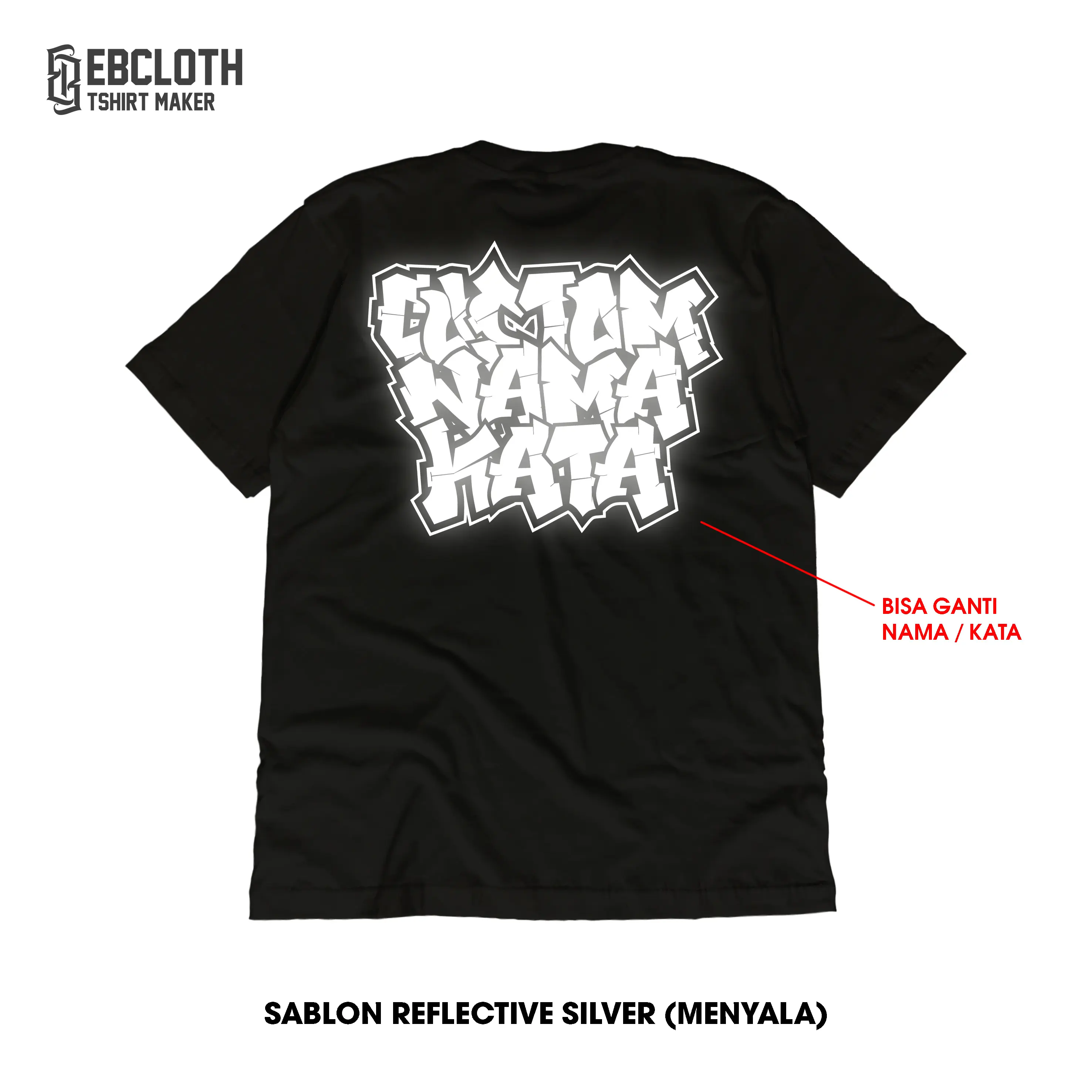 [EBCLOTH 06] CUSTOM KAOS REFLEKTIF SABLON NYALA HOLOGRAM RAINBOW CUSTOM KATA/NAMA KATUN COMBED HITAM DISTRO