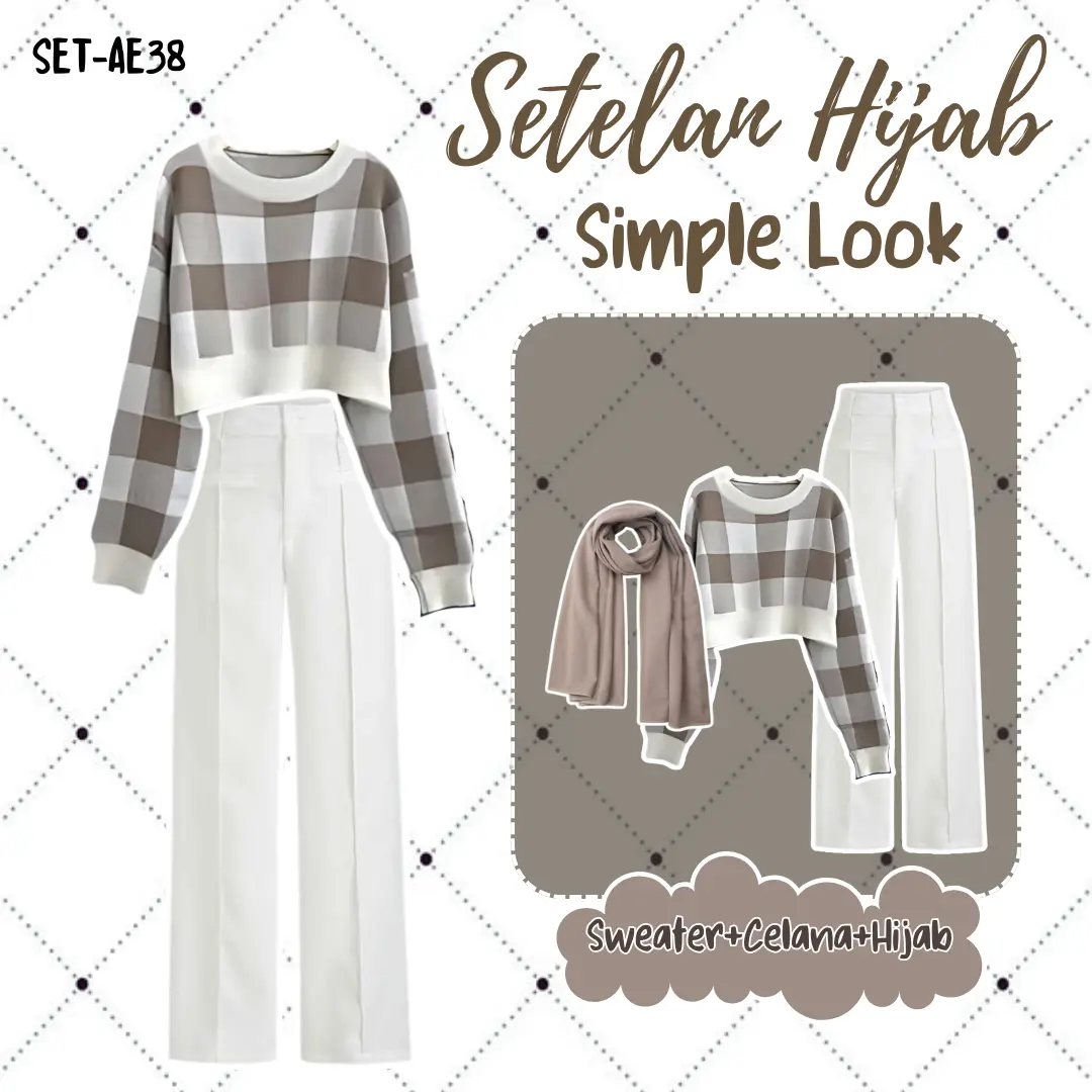 3 IN 1 One Set Hijab Korean Style Outfit Remaja Kekinian Outfit Simple Cewe Bumi Sweater Rajut Celana Kulot - SET AE38