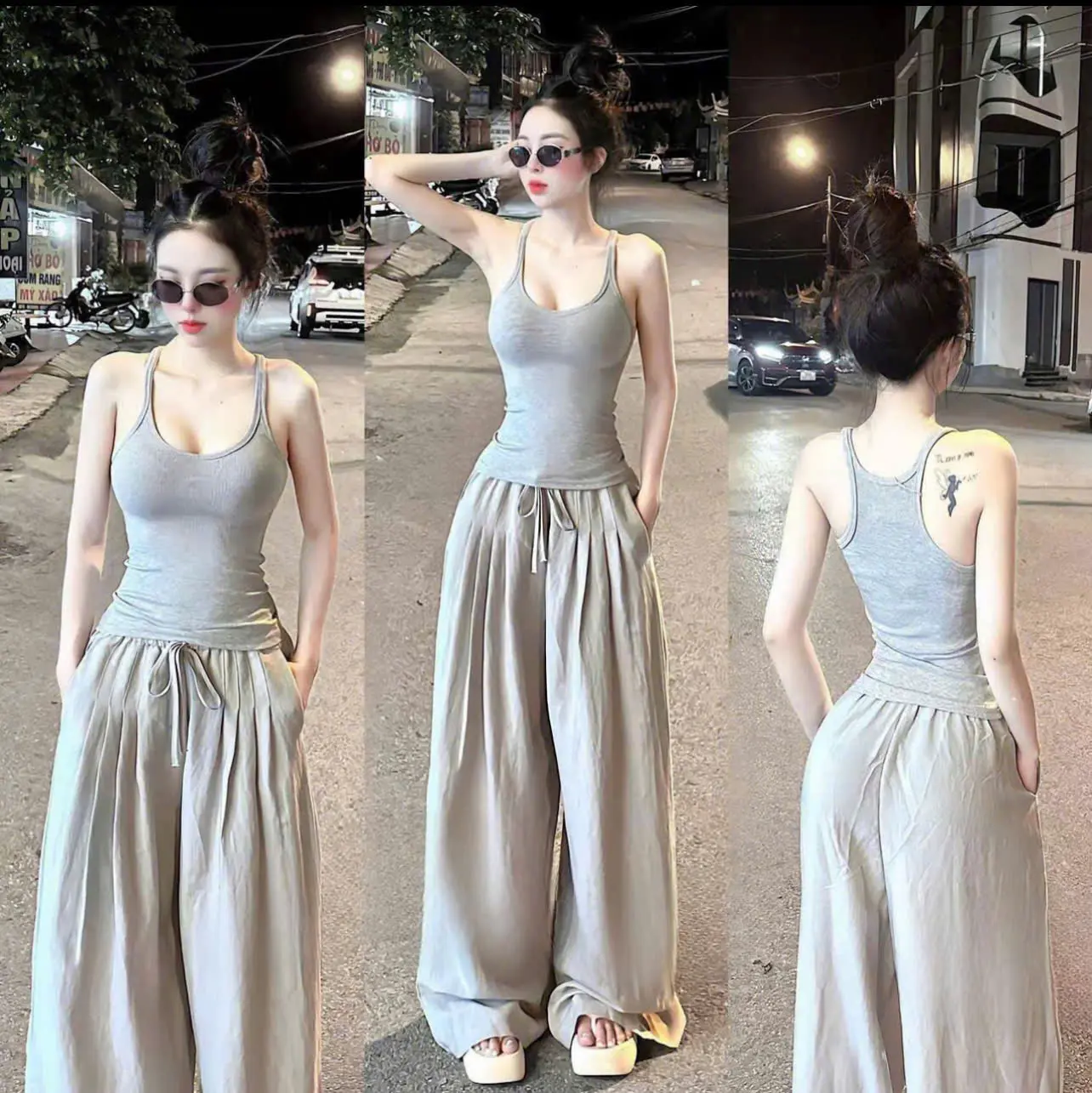 Set bộ ba lỗ, dây mix quần suông bồng bí, 3 màu đen, vàng, ghi | BigBuy360 - bigbuy360.vn