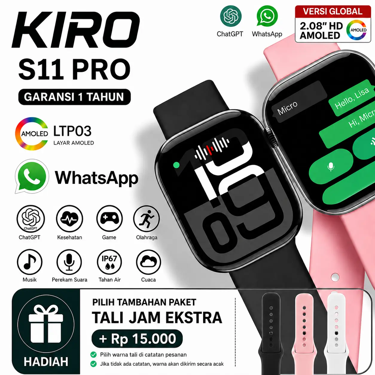 KIRO Watch S11 Pro Wireless charging Smart WATCH S11 Pro for iPhone Watch Smartwatch Olahraga dengan Layar HD 2.08" IP67 Waterproof Bluetooth Android iOS Anti-Carsickness 1000+ Faces
