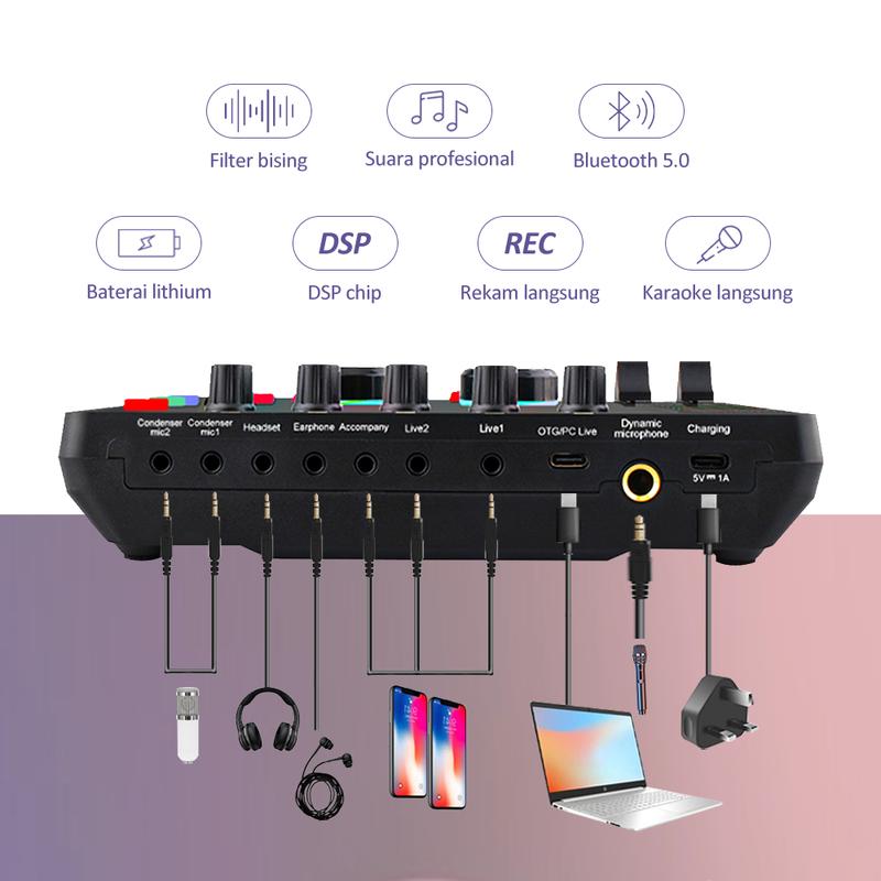 Product Introduction of Bonkyo F999 sound card + Headphone Berkabel dengan pemantauan peralatan audio set lengkap mikrofon sound card TIKTOK bernyanyi ponsel mixer khusus rekaman lagu K profesional[COD] 44