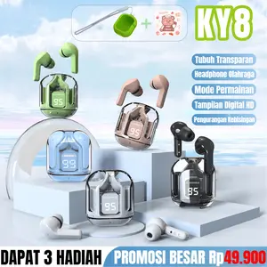 KY8 Transparan Earphone, 5 Warna, Suara Stereo Level HiFi, Earphone Nirkabel Bluetooth, Layar Digital LED, Kontrol Sentuh, Headset Peredam Bising, Mikrofon Internal